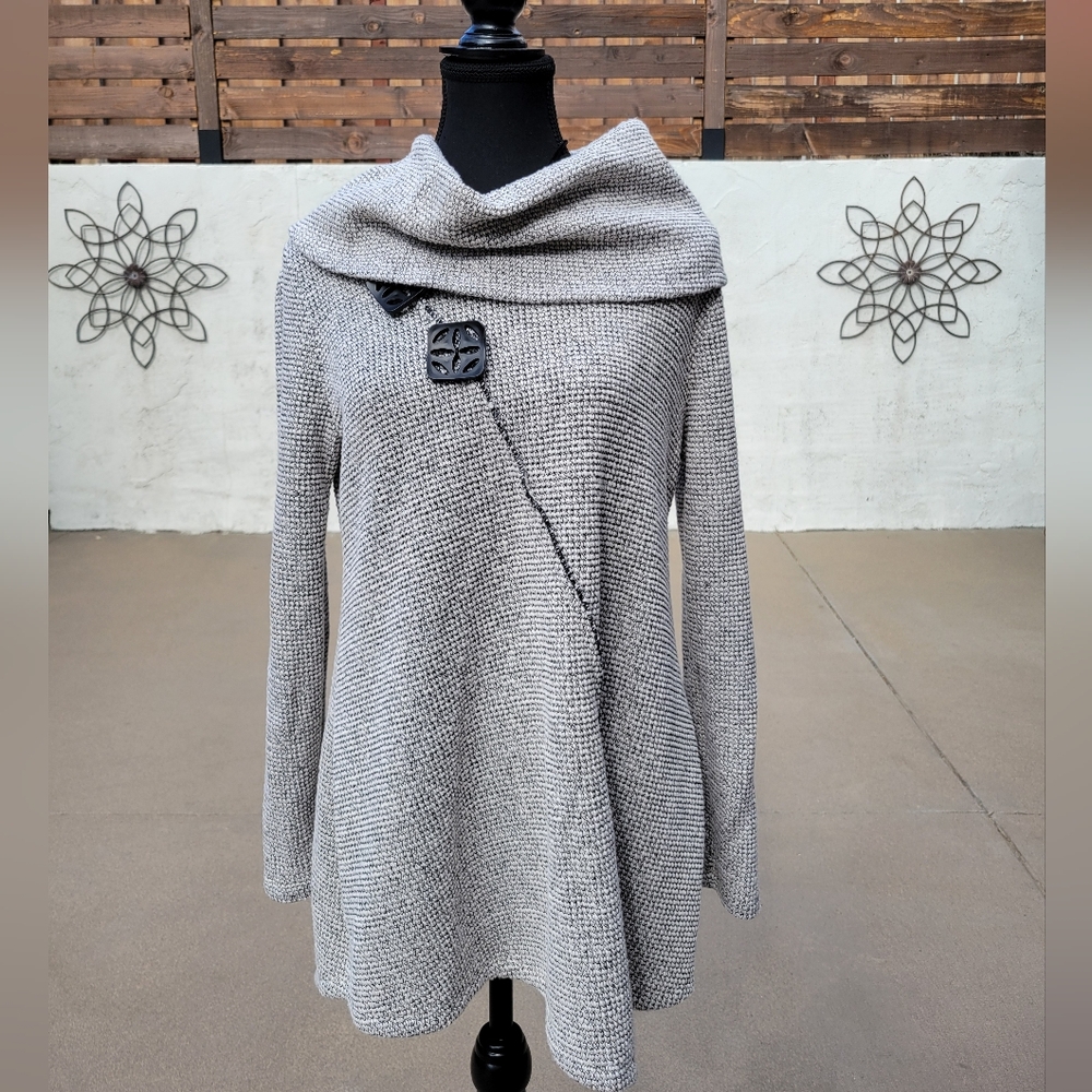 Ali Miles Sweater Gray&Black Cowl Neck Artsy Lagenlook Neutral Minimalist Size M
